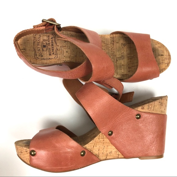 Shoes - Lucky Brand Leather Cork Ankle Buckle Wedges